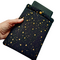 A hand holding a pouch with a snap closure to protect Kindle e-readers made with black with gold metallic stars fabric.